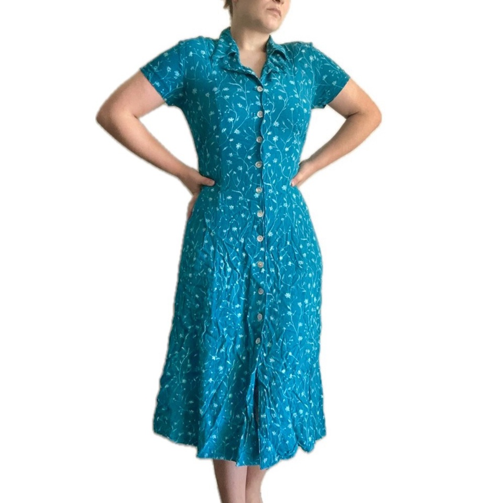Vintage Coldwater Creek Blue Floral Print Collared Button Up Sundress Midi Dress